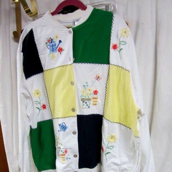 VTG ALFRED DUNNER SWEATSHIRT MATERIAL JACKET W/GARDENING THEME & BLOCKS, 3X - Picture 1 of 9